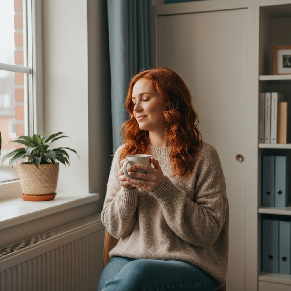 Woman with coffee cup in comfortable setting